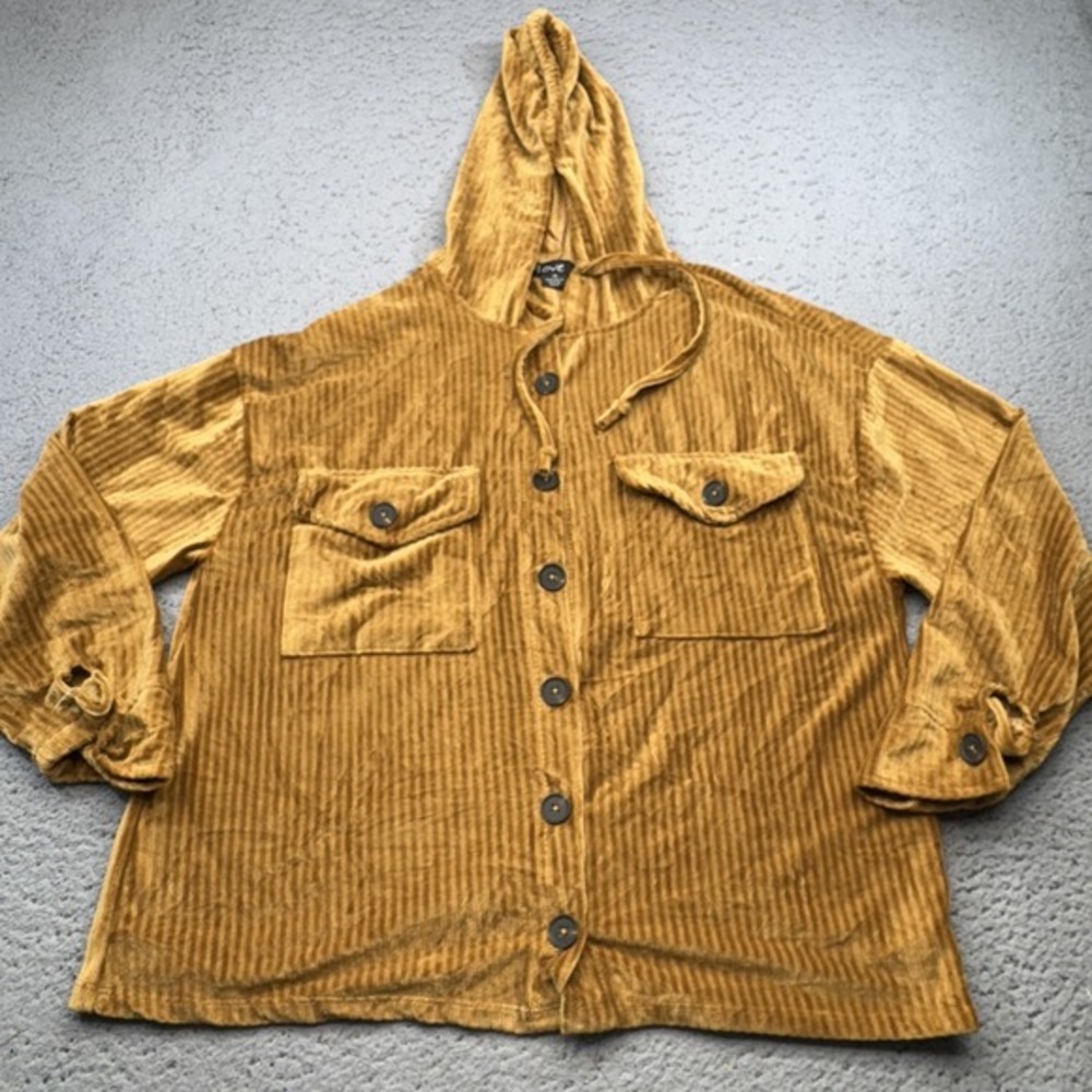 Love Jacket Womens 1X Brown Corduroy Hooded Button Pockets Mid-Length‎ Casual
